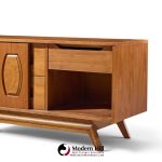 young manufacturing mid century walnut and burlwood credenza and hutch