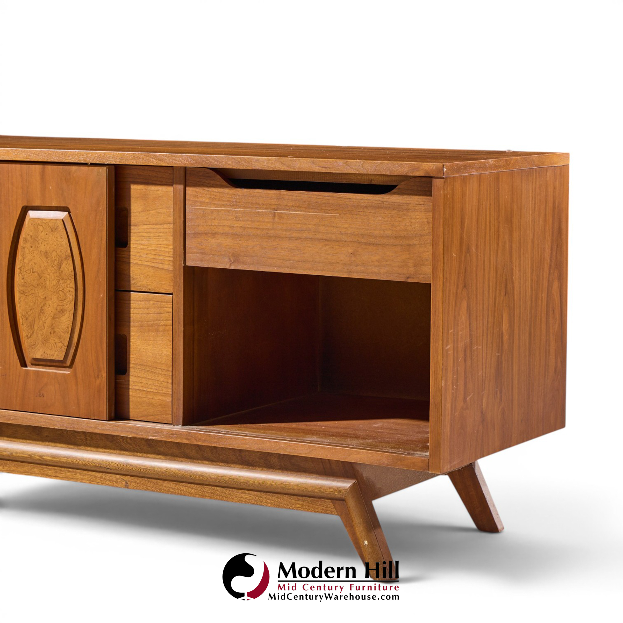 young manufacturing mid century walnut and burlwood credenza and hutch