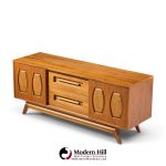 young manufacturing mid century walnut and burlwood credenza and hutch