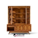 young manufacturing mid century walnut and burlwood credenza and hutch