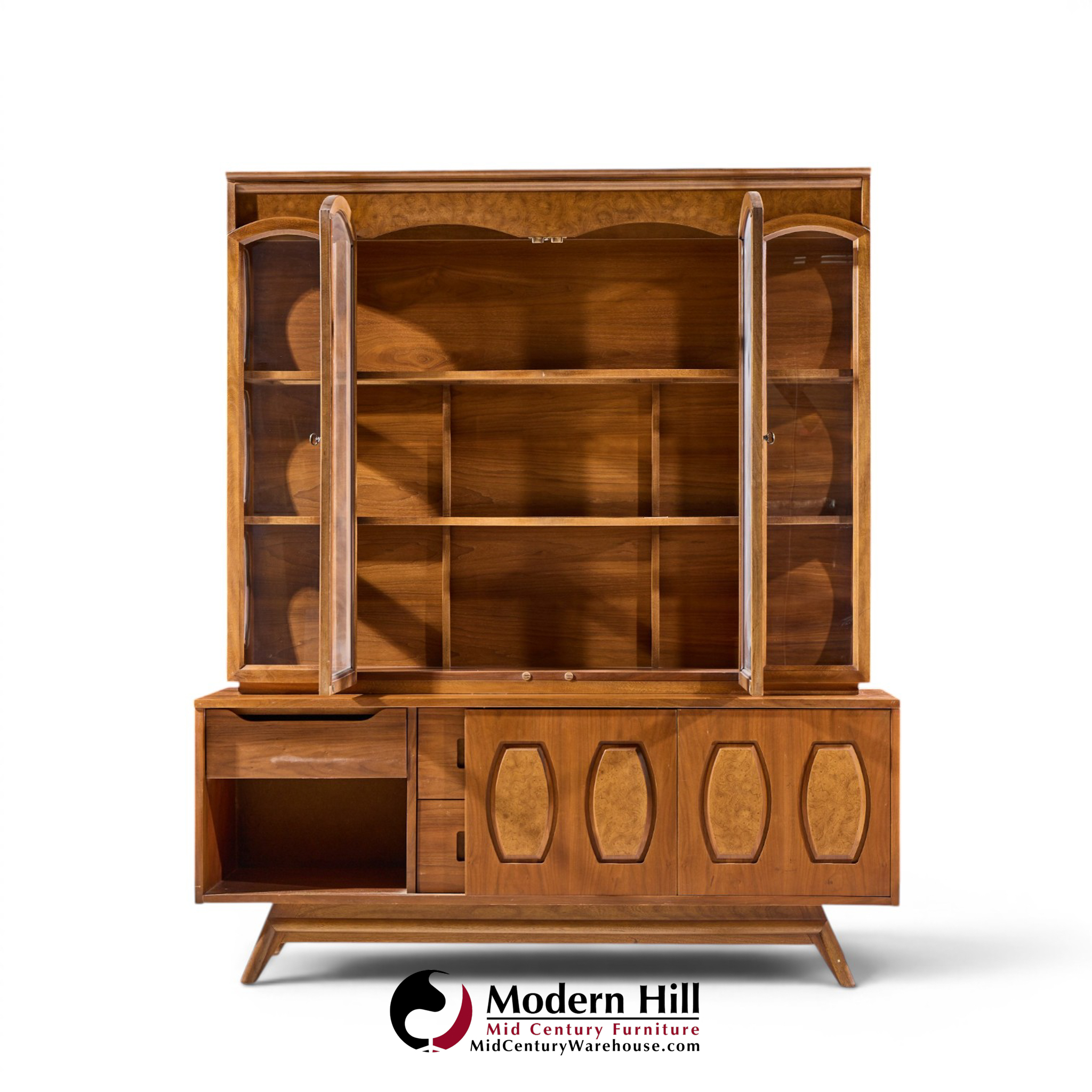 young manufacturing mid century walnut and burlwood credenza and hutch