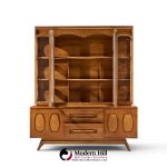 young manufacturing mid century walnut and burlwood credenza and hutch