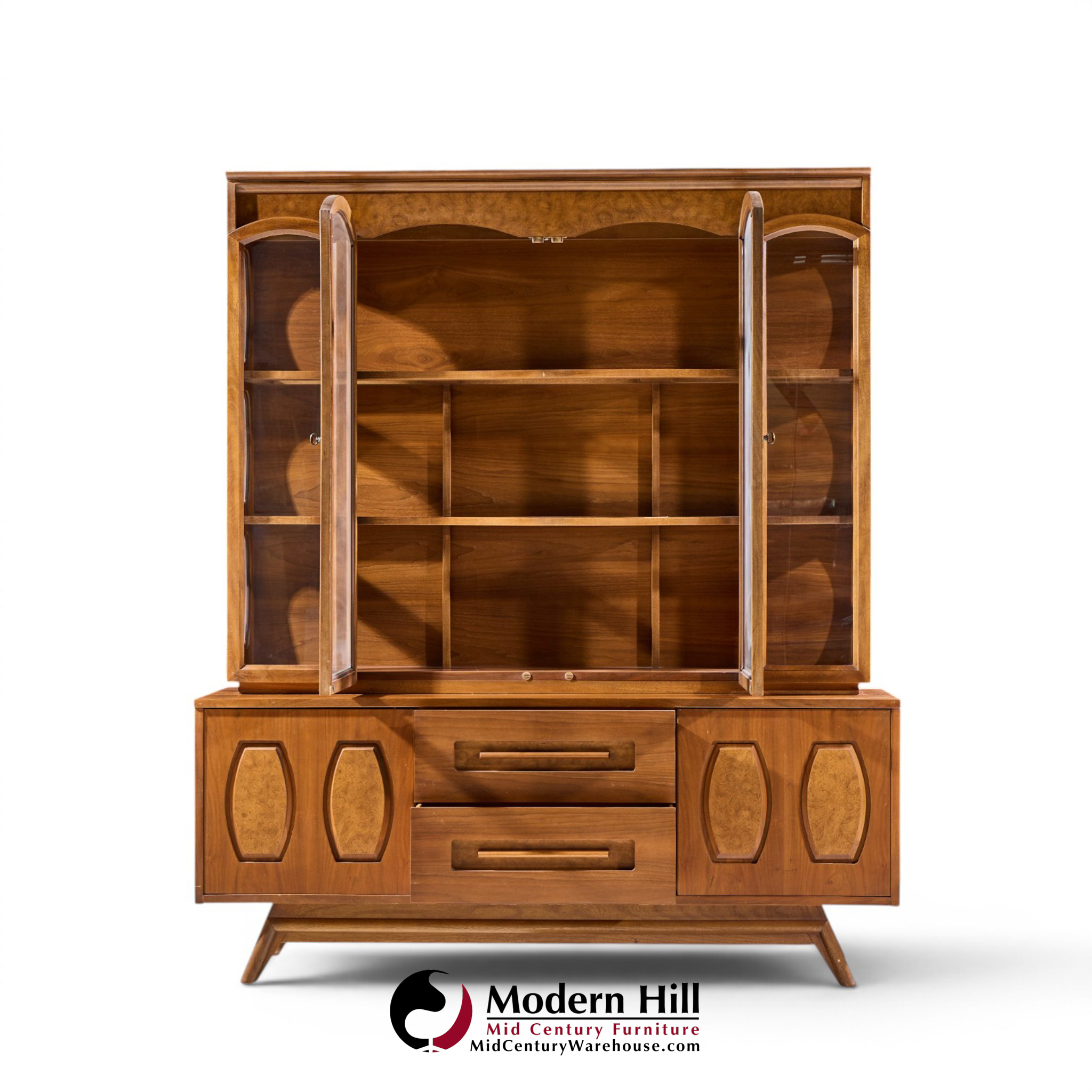 young manufacturing mid century walnut and burlwood credenza and hutch