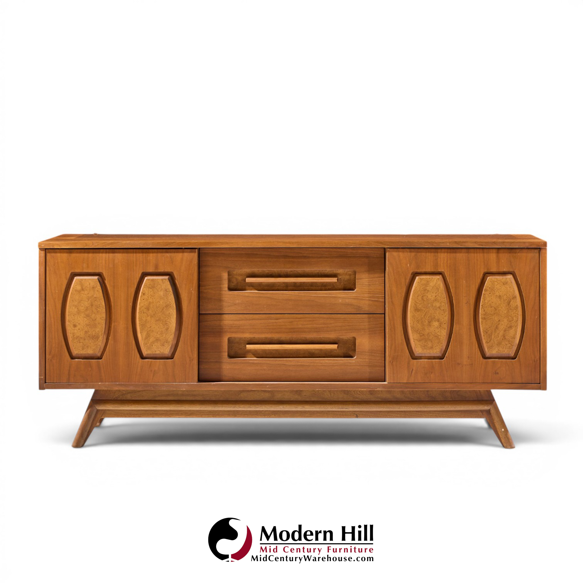 young manufacturing mid century walnut and burlwood credenza and hutch