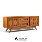 young manufacturing mid century walnut and burlwood credenza and hutch