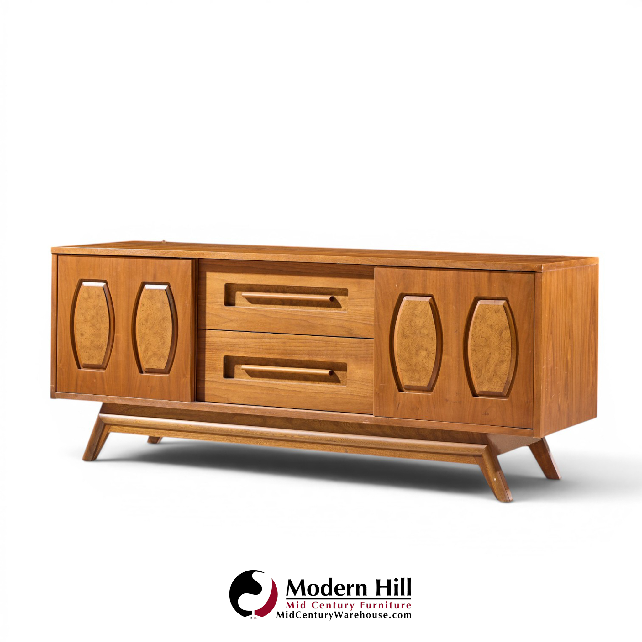 young manufacturing mid century walnut and burlwood credenza and hutch