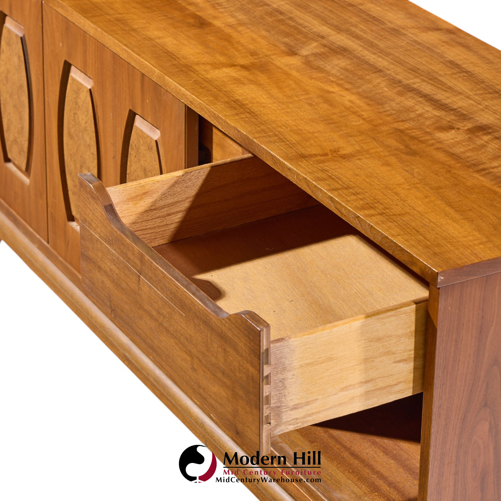 young manufacturing mid century walnut and burlwood credenza and hutch