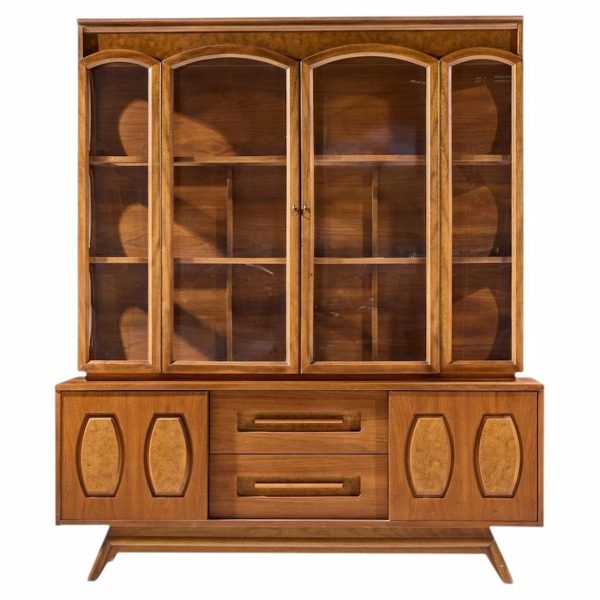young manufacturing mid century walnut and burlwood credenza and hutch