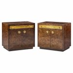 bernhard rohne for mastercraft mid century burlwood and acid etched brass nightstands - pair