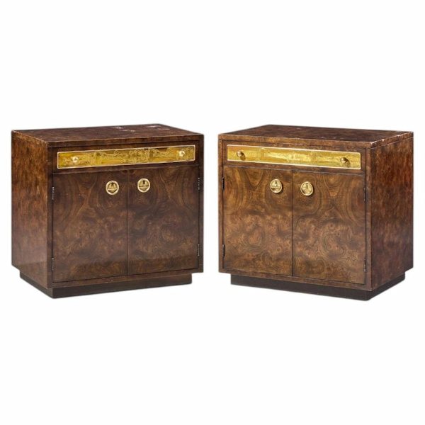 bernhard rohne for mastercraft mid century burlwood and acid etched brass nightstands - pair