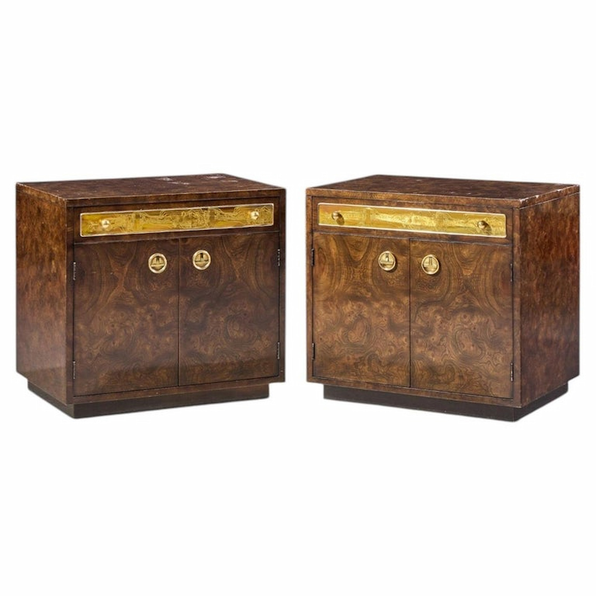 bernhard rohne for mastercraft mid century burlwood and acid etched brass nightstands - pair