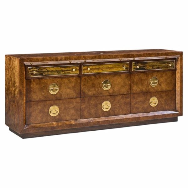 bernhard rohne for mastercraft mid century burlwood and acid etched brass dresser