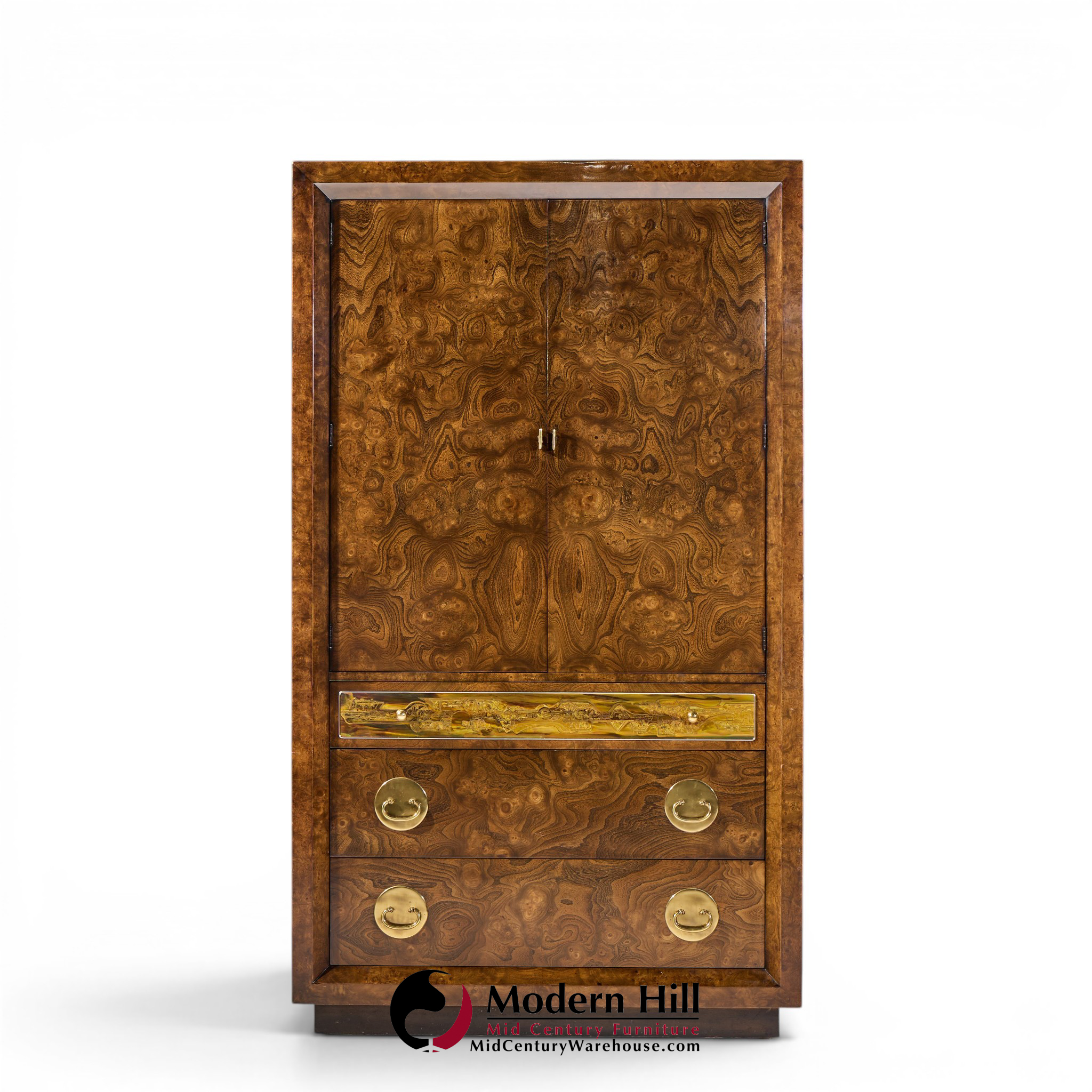 bernhard rohne for mastercraft mid century burlwood and acid etched brass armoire dresser