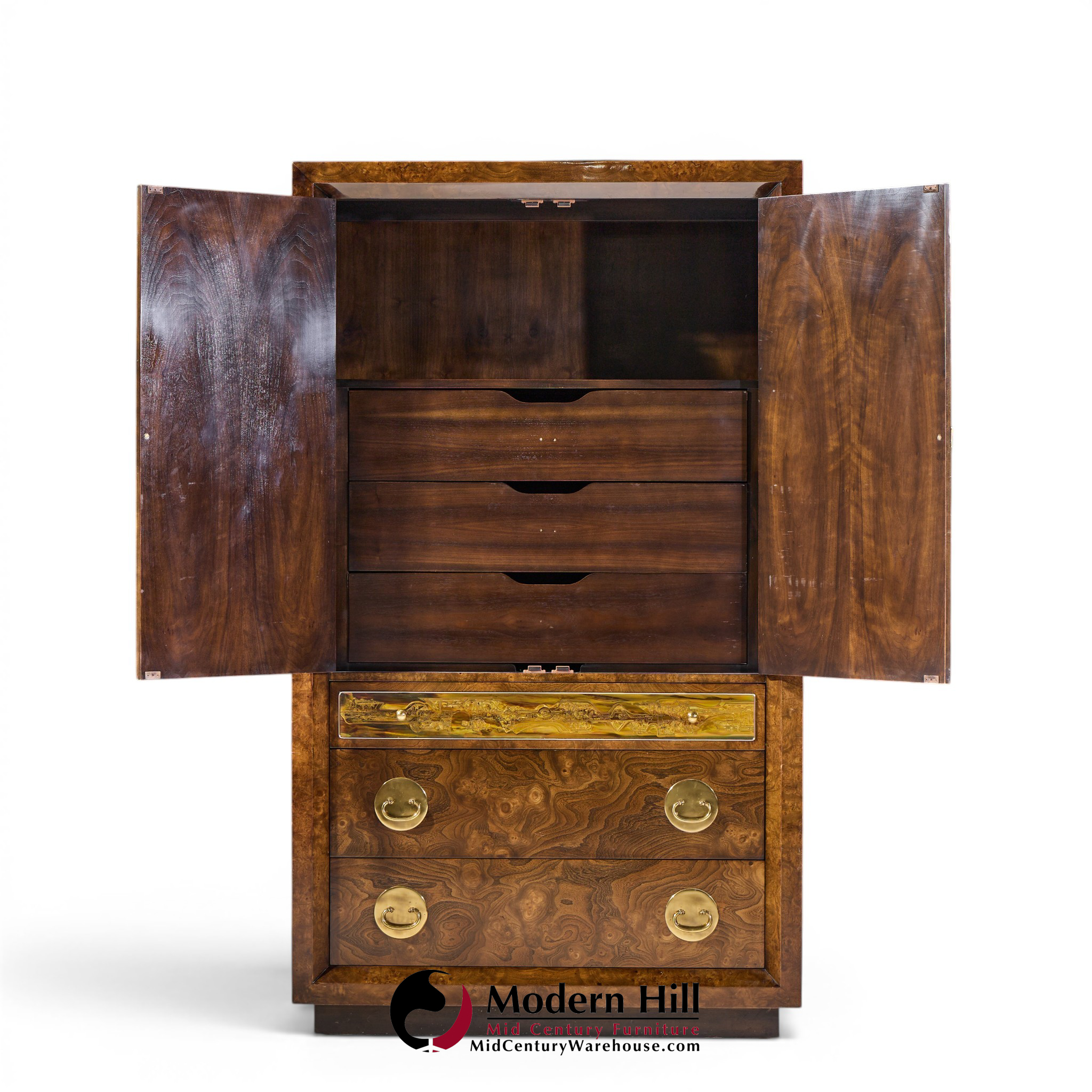 bernhard rohne for mastercraft mid century burlwood and acid etched brass armoire dresser