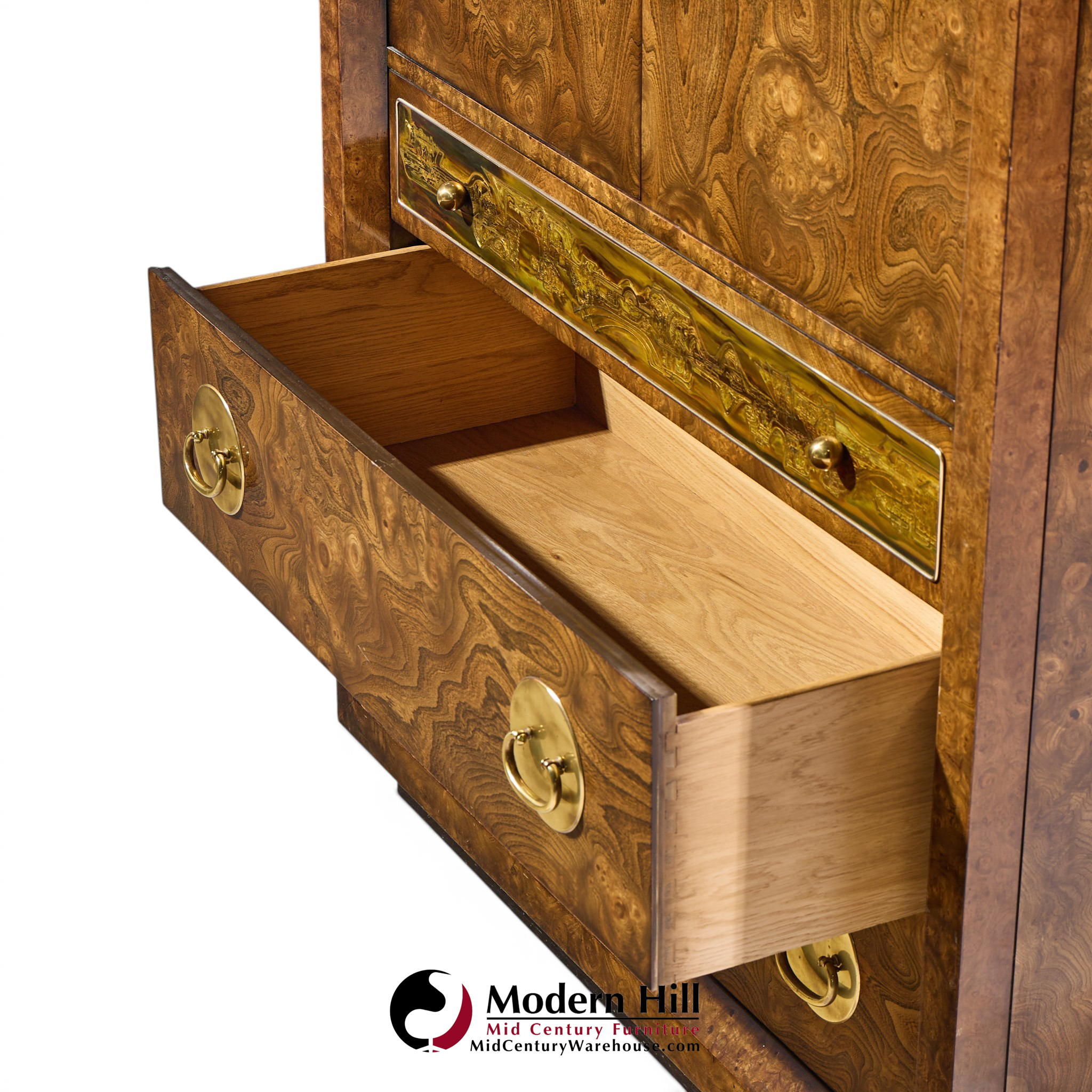 bernhard rohne for mastercraft mid century burlwood and acid etched brass armoire dresser