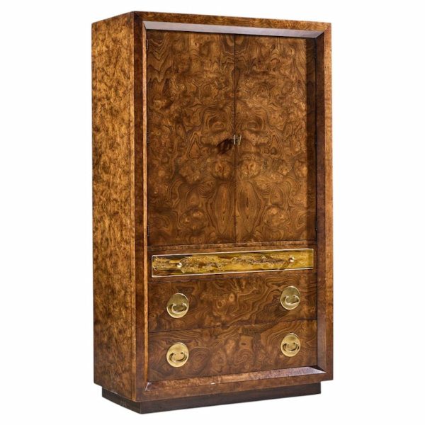 bernhard rohne for mastercraft mid century burlwood and acid etched brass armoire dresser
