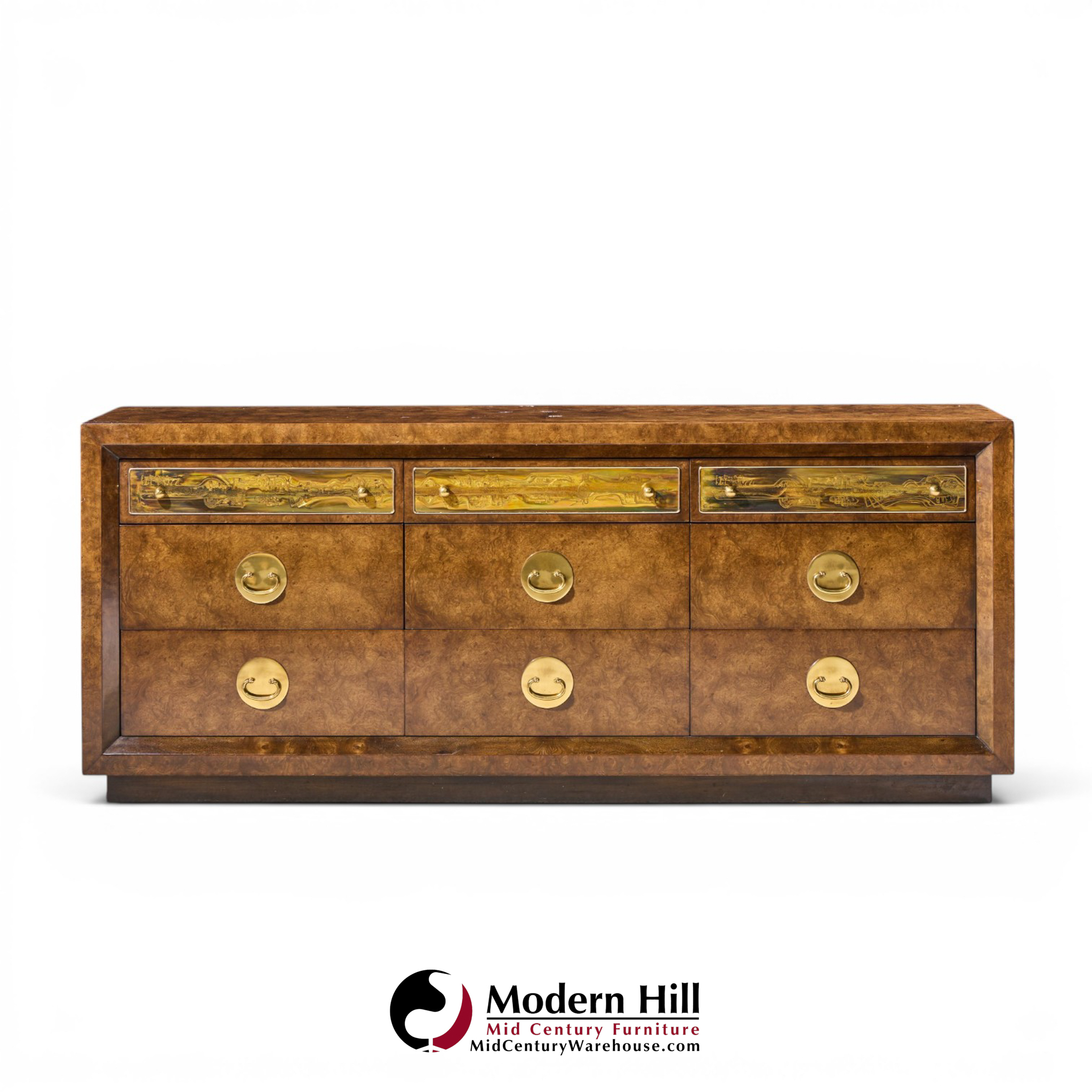 bernhard rohne for mastercraft mid century burlwood and acid etched brass dresser