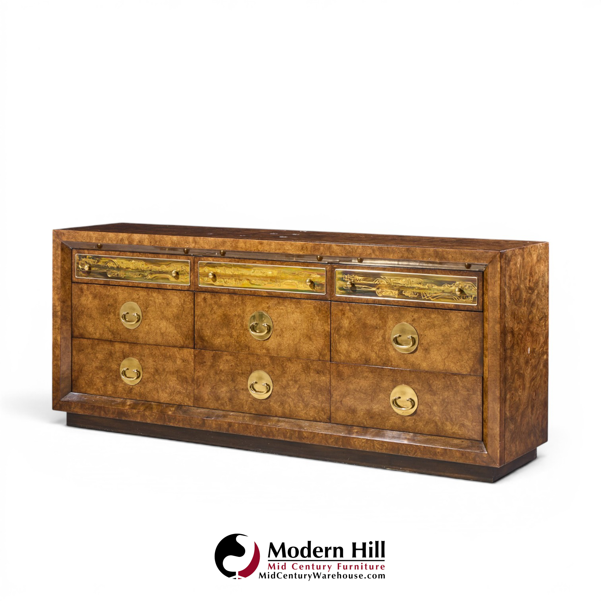bernhard rohne for mastercraft mid century burlwood and acid etched brass dresser