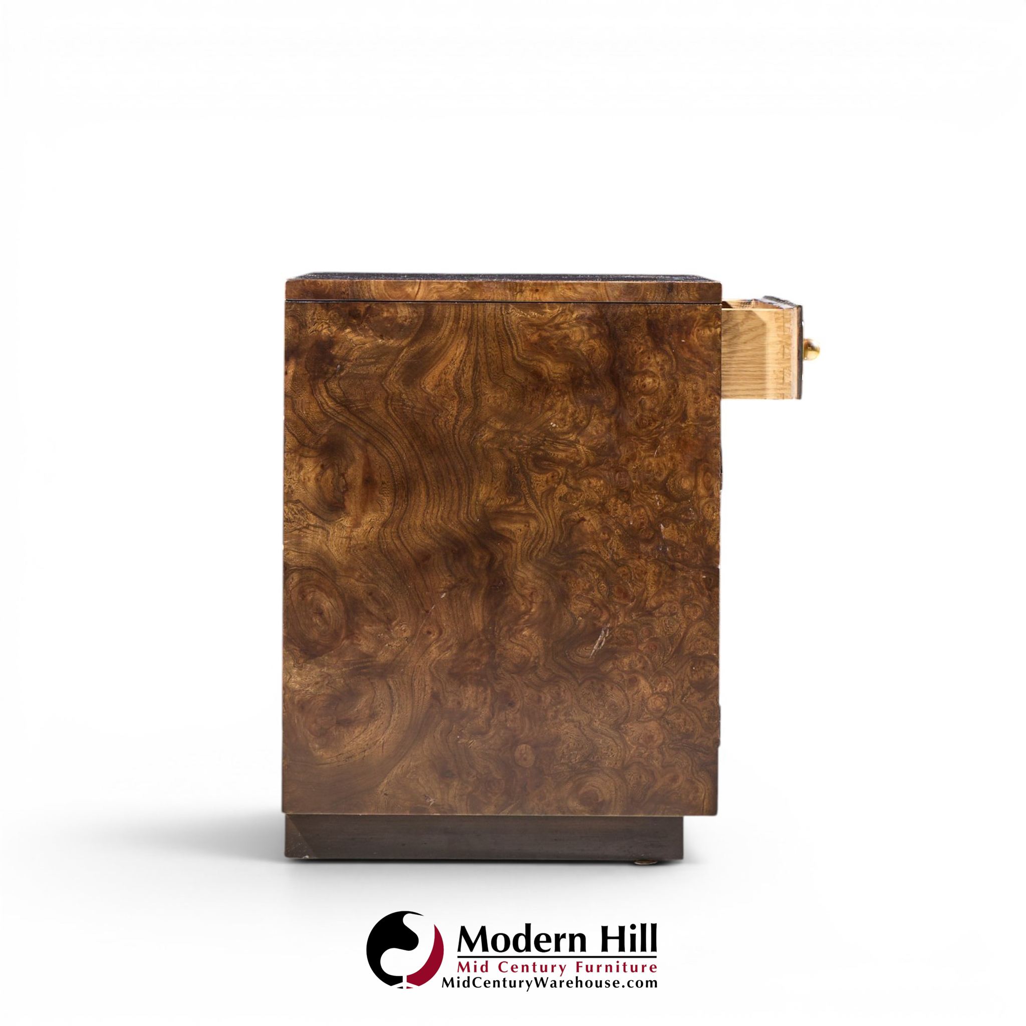 bernhard rohne for mastercraft mid century burlwood and acid etched brass nightstands - pair