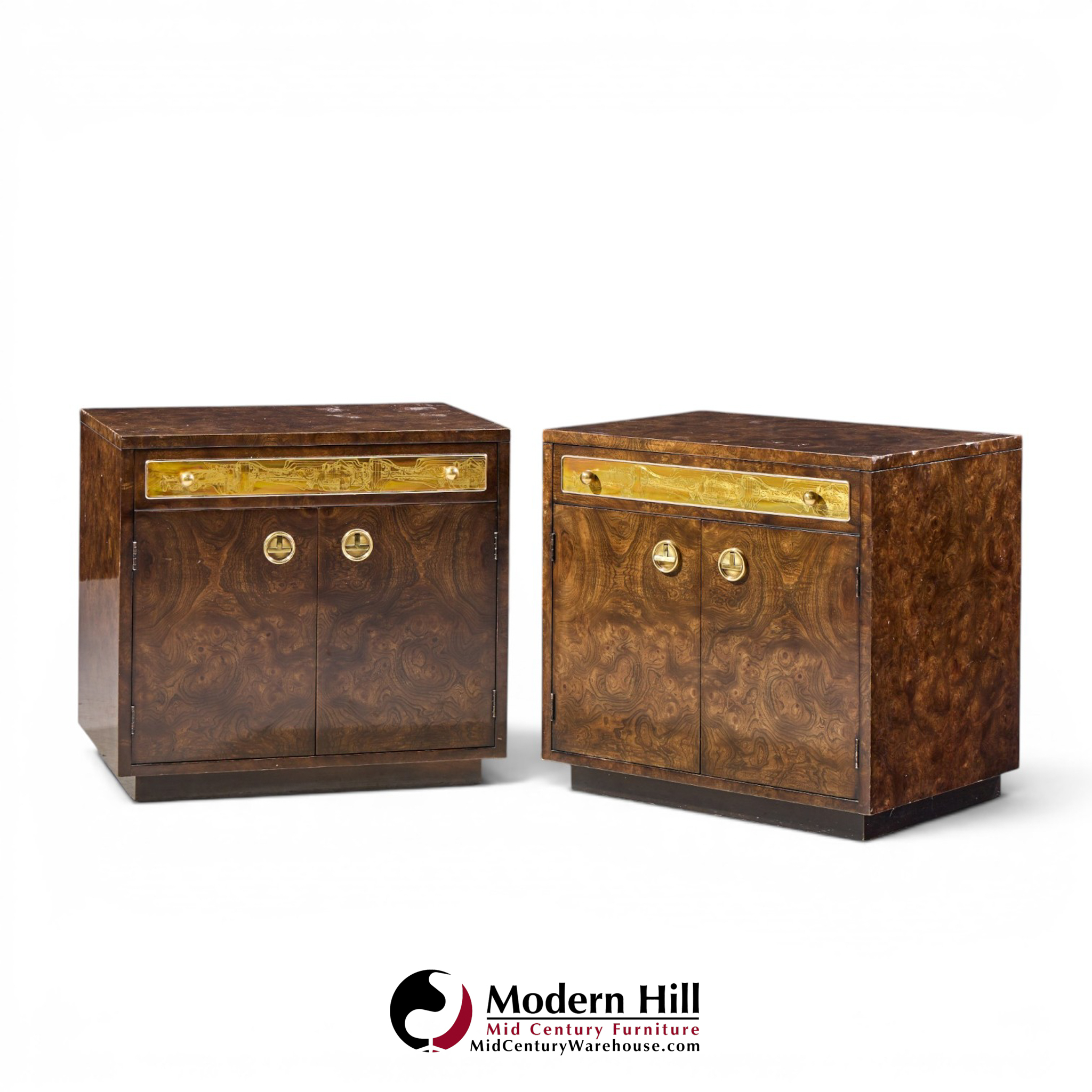 bernhard rohne for mastercraft mid century burlwood and acid etched brass nightstands - pair