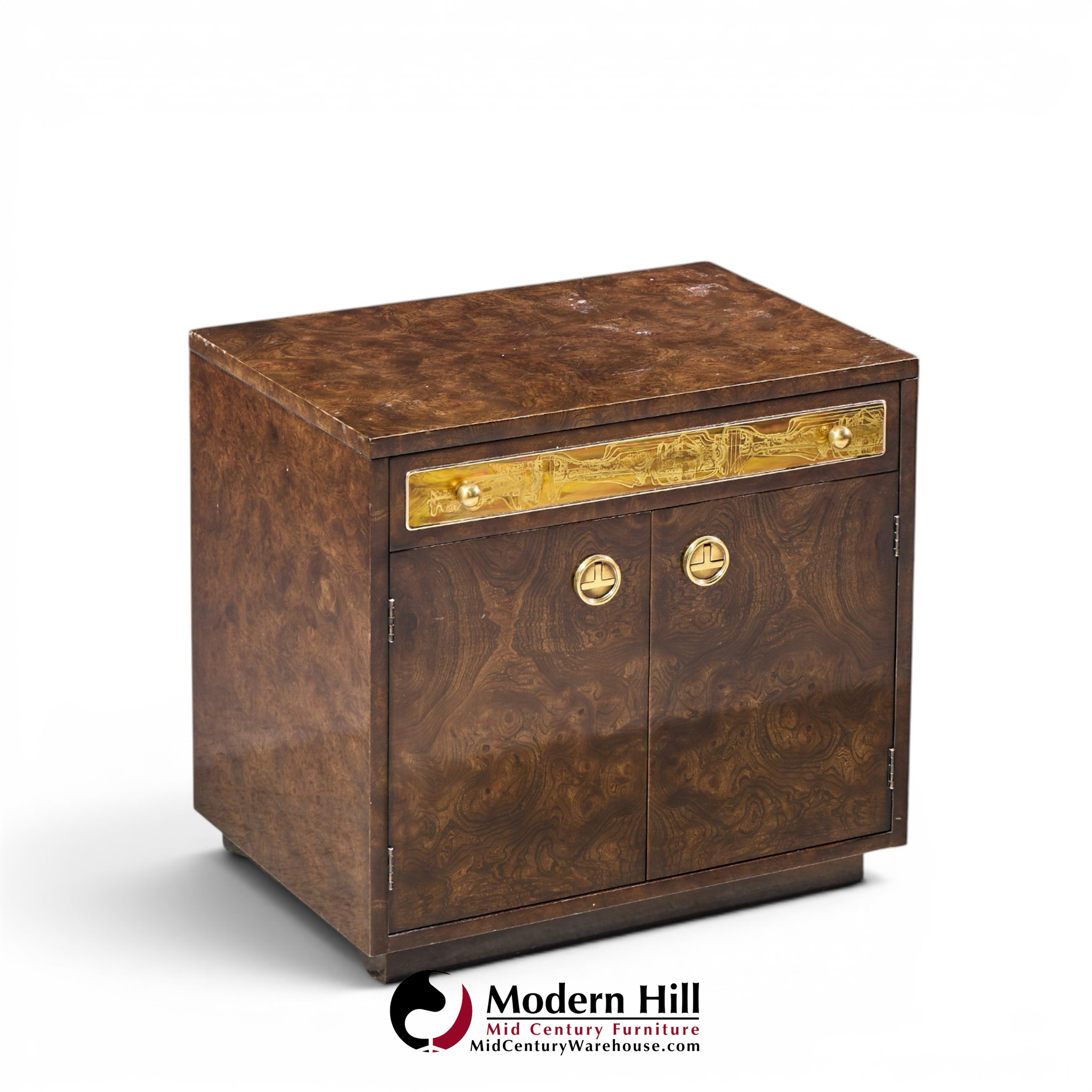 bernhard rohne for mastercraft mid century burlwood and acid etched brass nightstands - pair