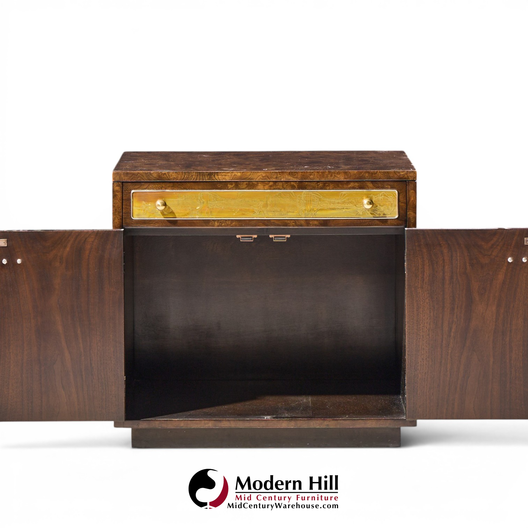 bernhard rohne for mastercraft mid century burlwood and acid etched brass nightstands - pair