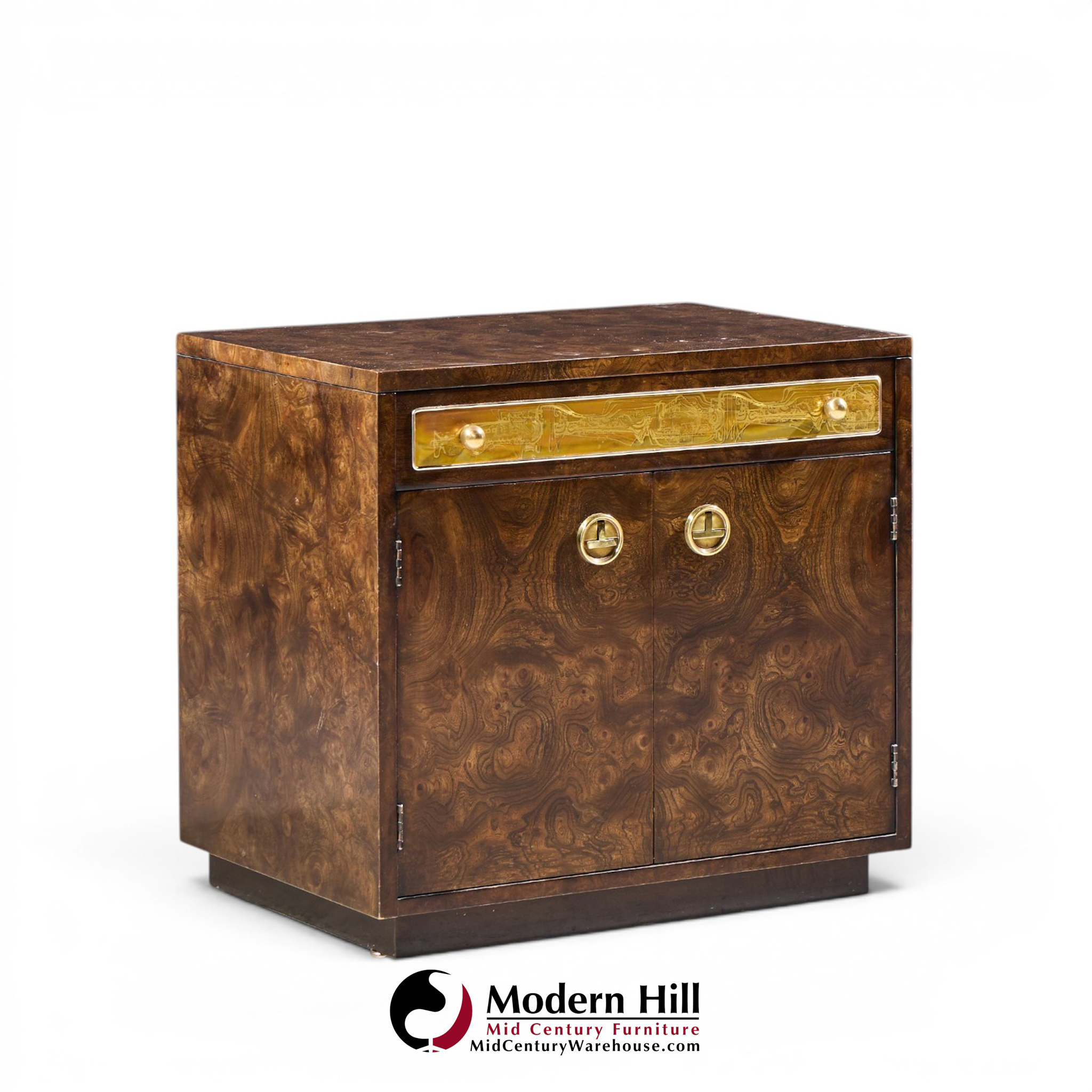 bernhard rohne for mastercraft mid century burlwood and acid etched brass nightstands - pair