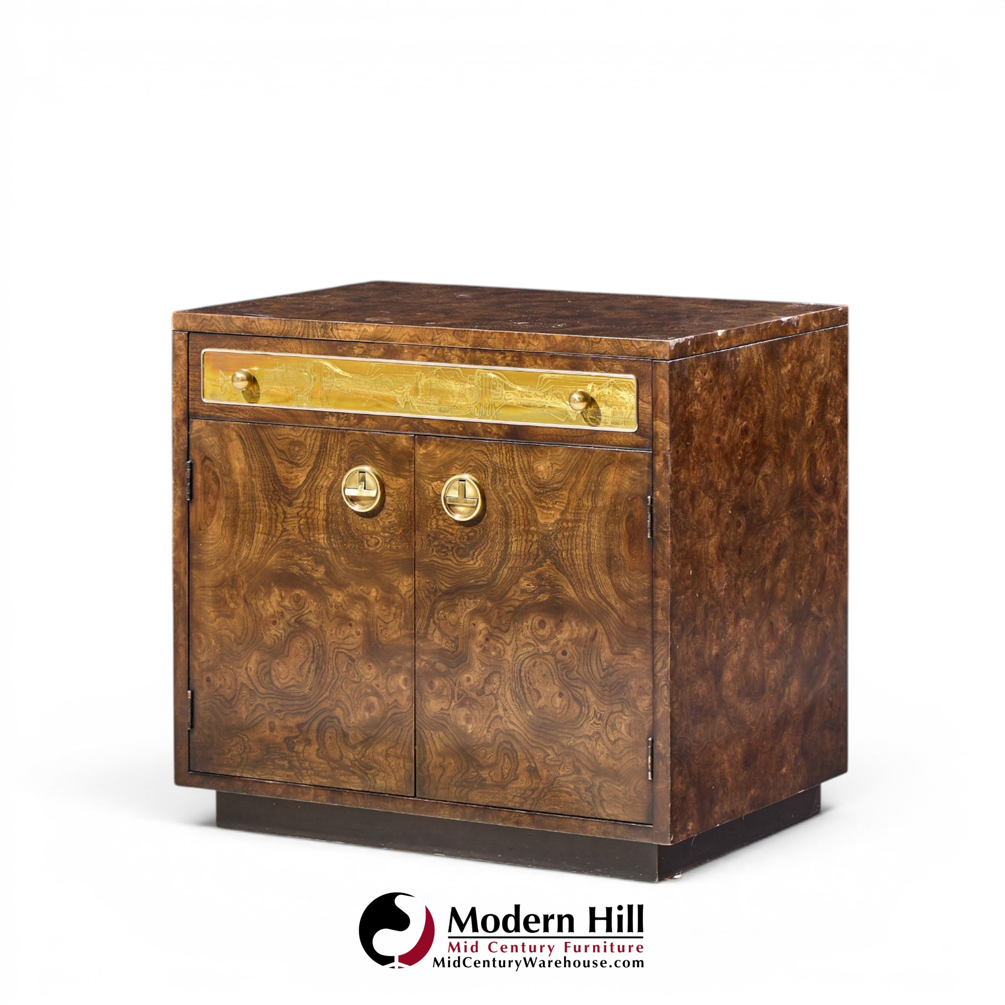 bernhard rohne for mastercraft mid century burlwood and acid etched brass nightstands - pair