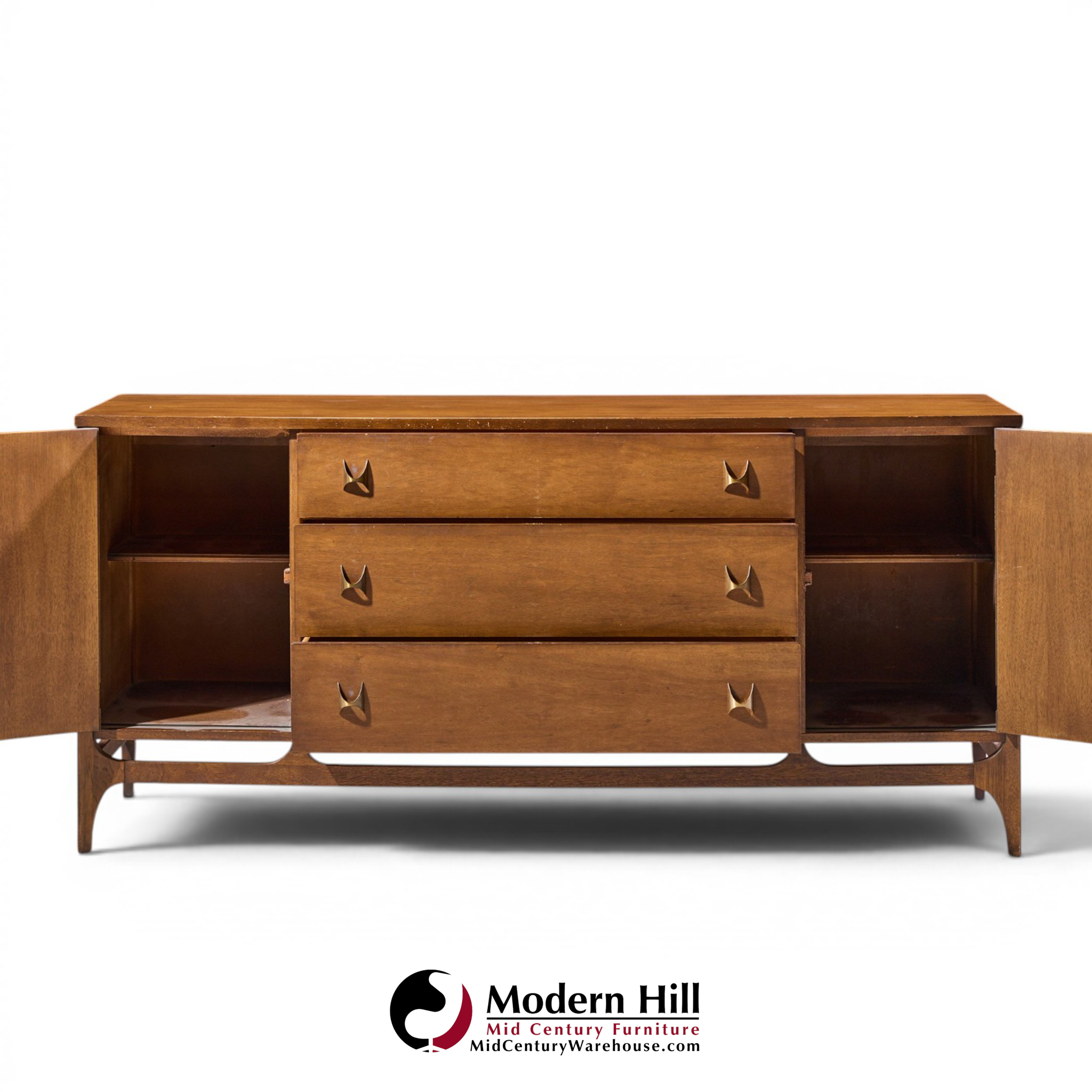 broyhill brasilia mid century walnut and brass 66 inch credenza