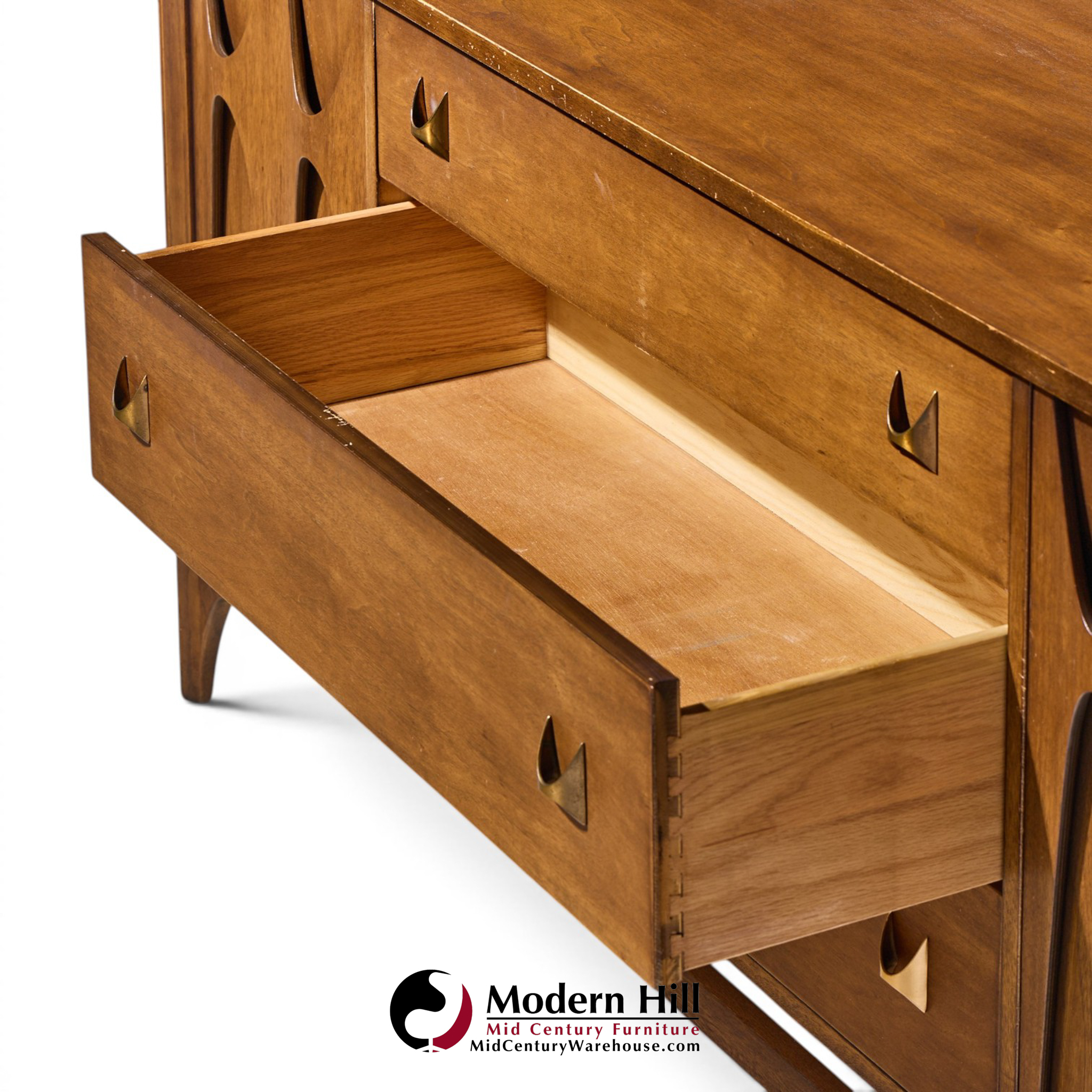 broyhill brasilia mid century walnut and brass 66 inch credenza