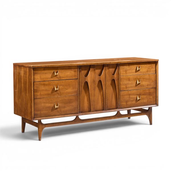 broyhill brasilia mid century walnut and brass 9-drawer lowboy dresser