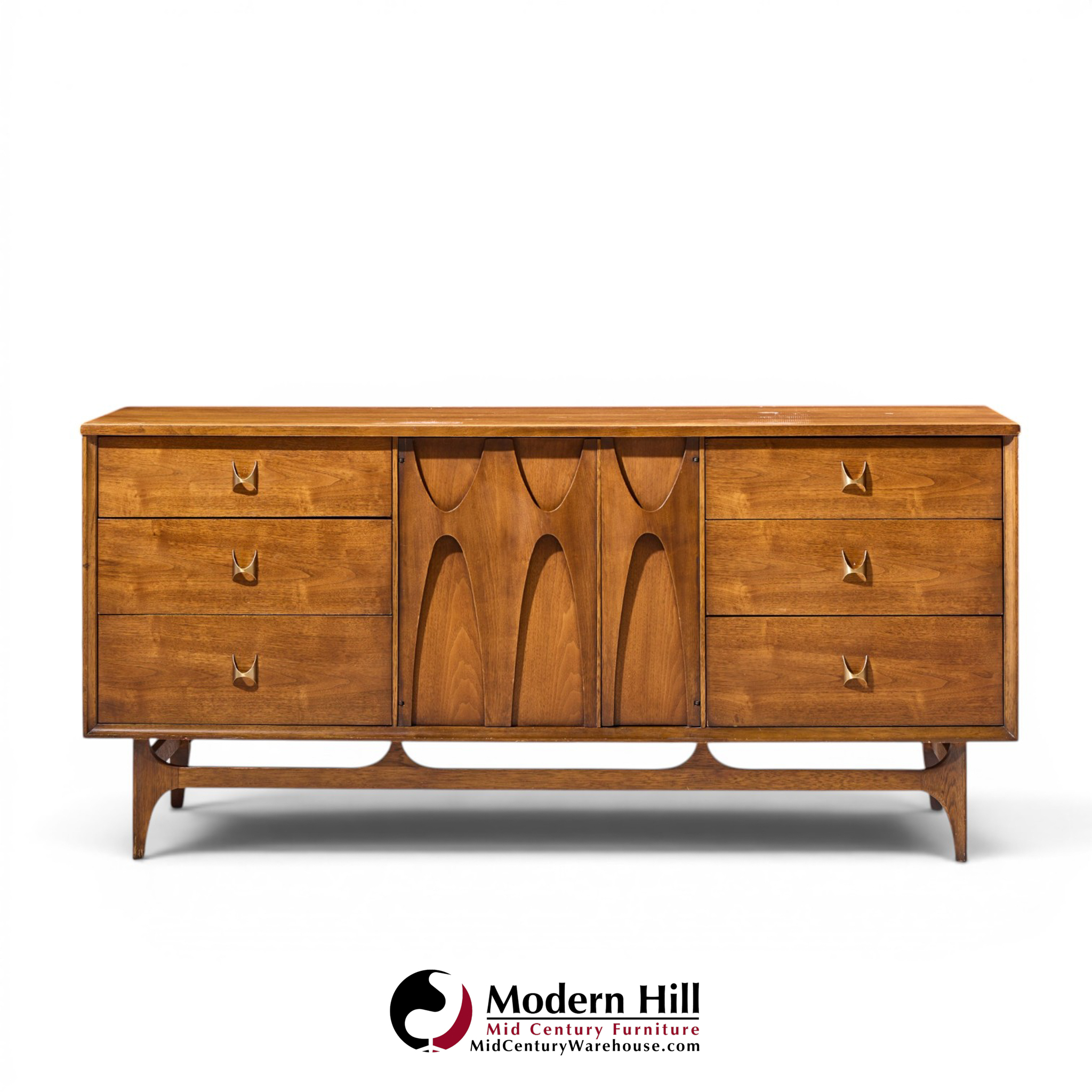 broyhill brasilia mid century walnut and brass 9-drawer lowboy dresser