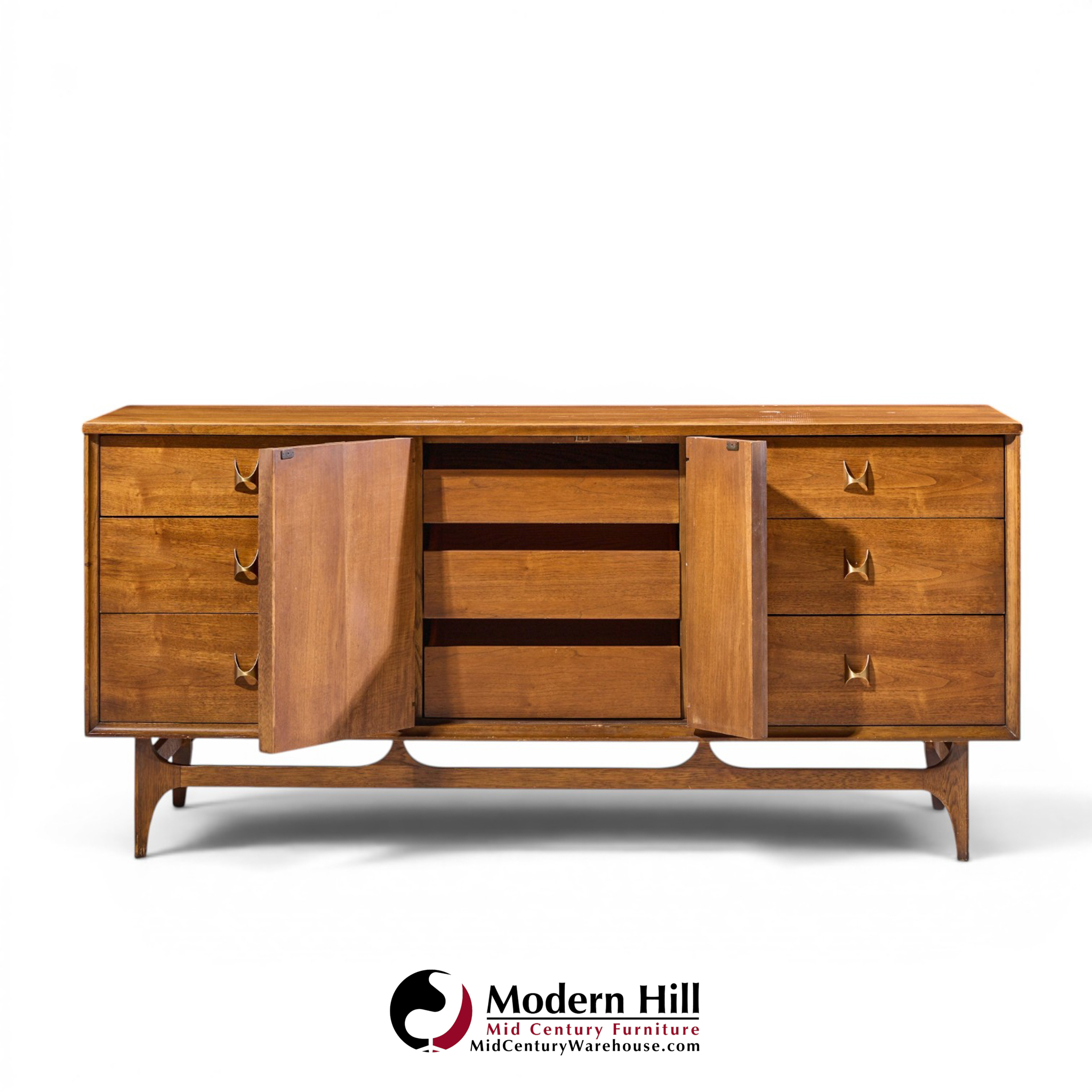 broyhill brasilia mid century walnut and brass 9-drawer lowboy dresser