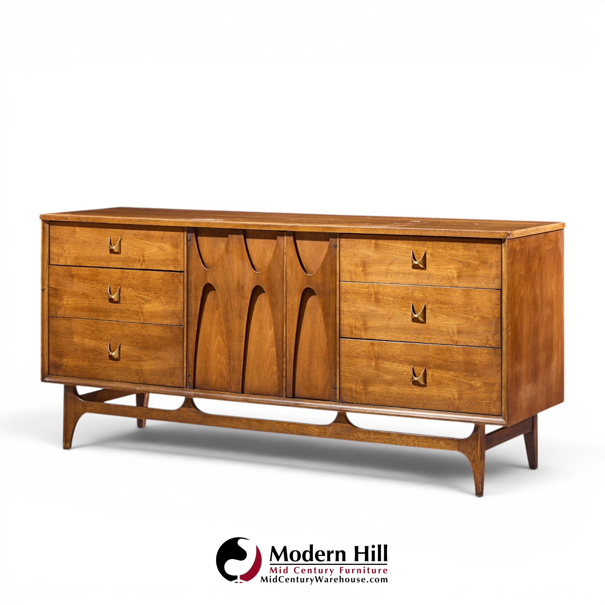 broyhill brasilia mid century walnut and brass 9-drawer lowboy dresser