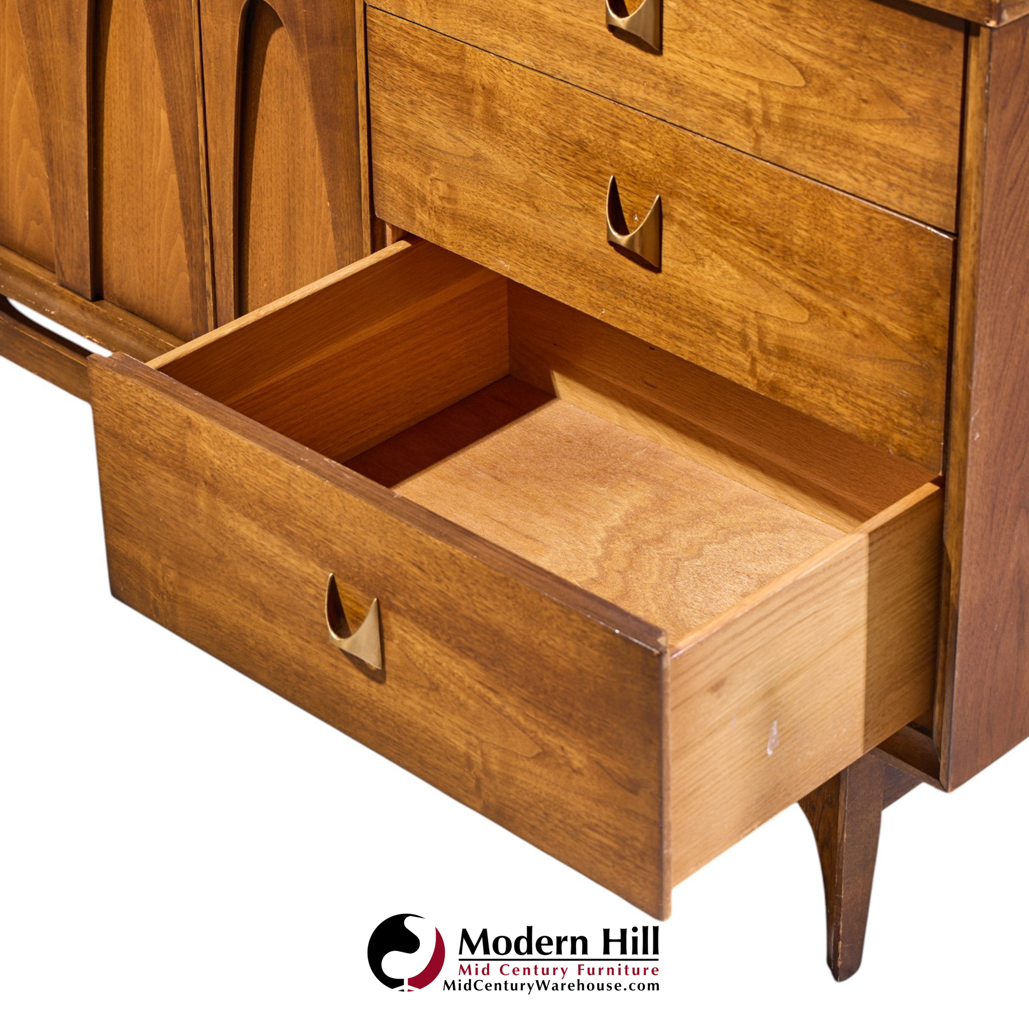 broyhill brasilia mid century walnut and brass 9-drawer lowboy dresser