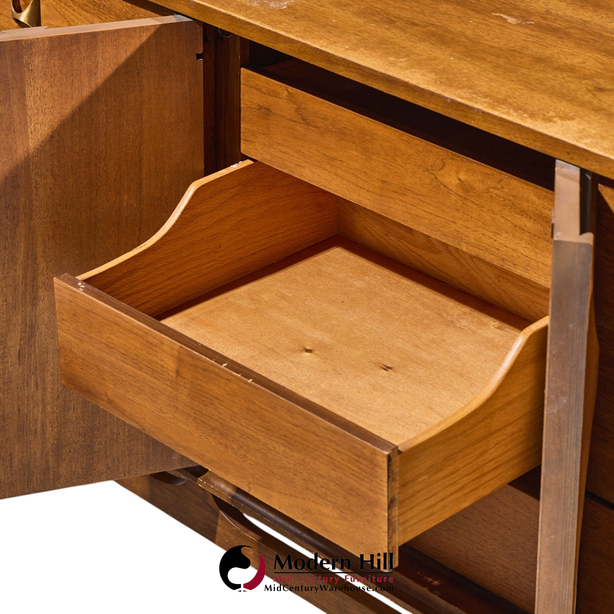 broyhill brasilia mid century walnut and brass 9-drawer lowboy dresser