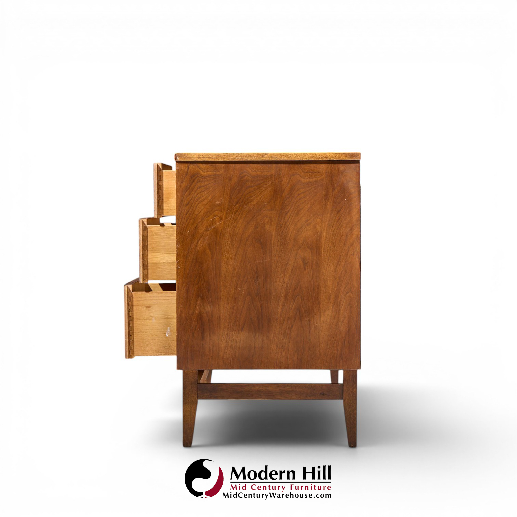 broyhill brasilia mid century walnut and brass 9-drawer lowboy dresser