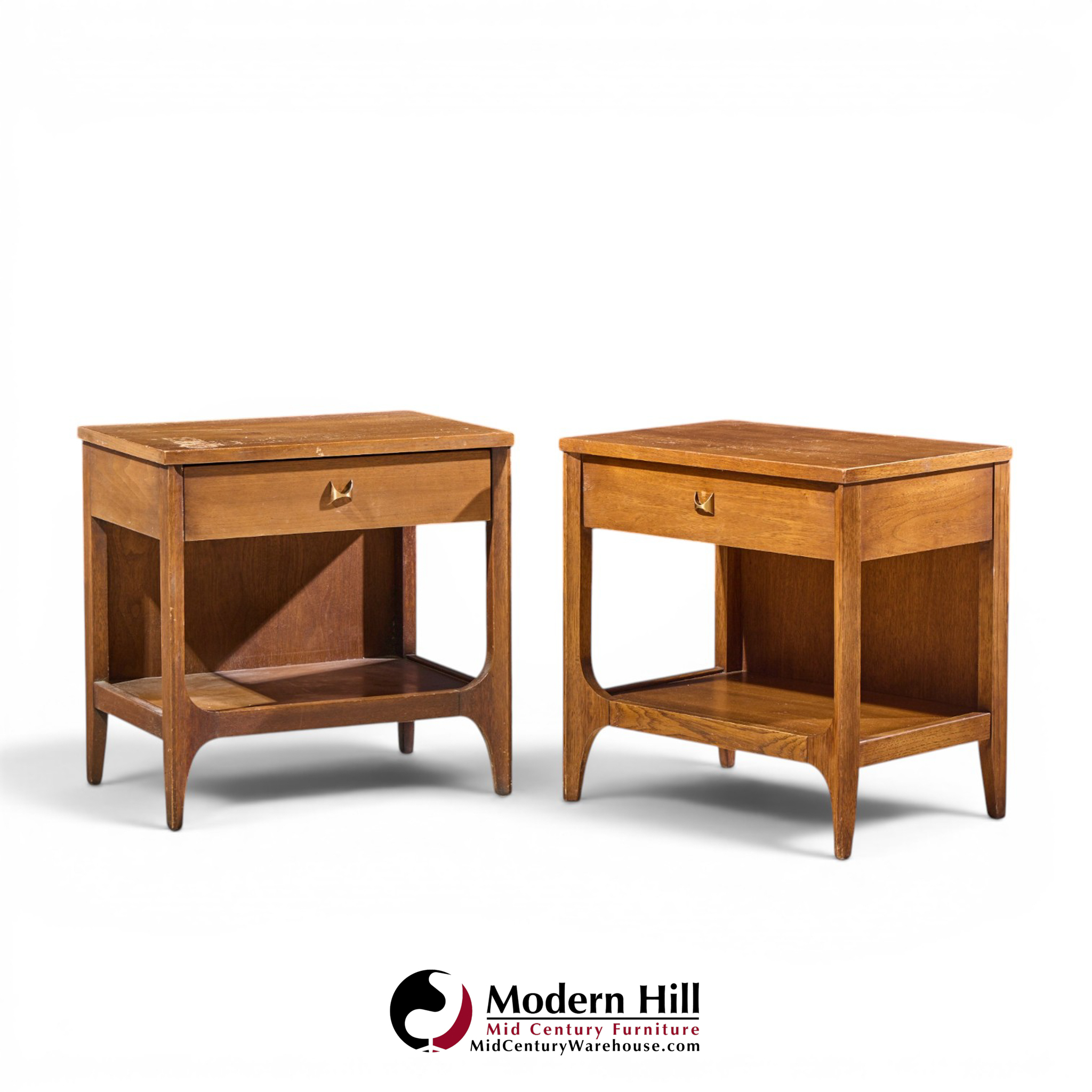 broyhill brasilia mid century walnut and brass nightstands - pair