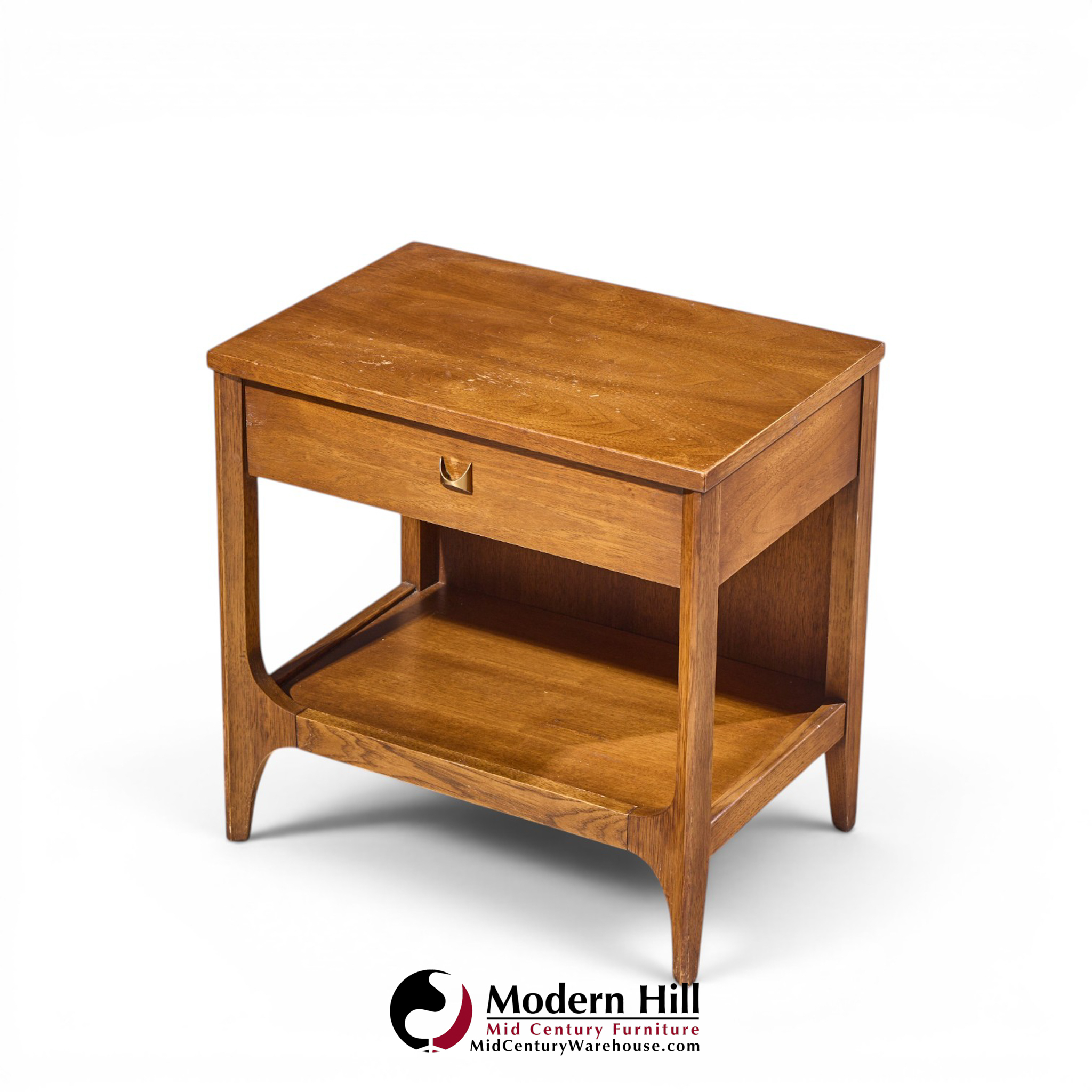 broyhill brasilia mid century walnut and brass nightstands - pair