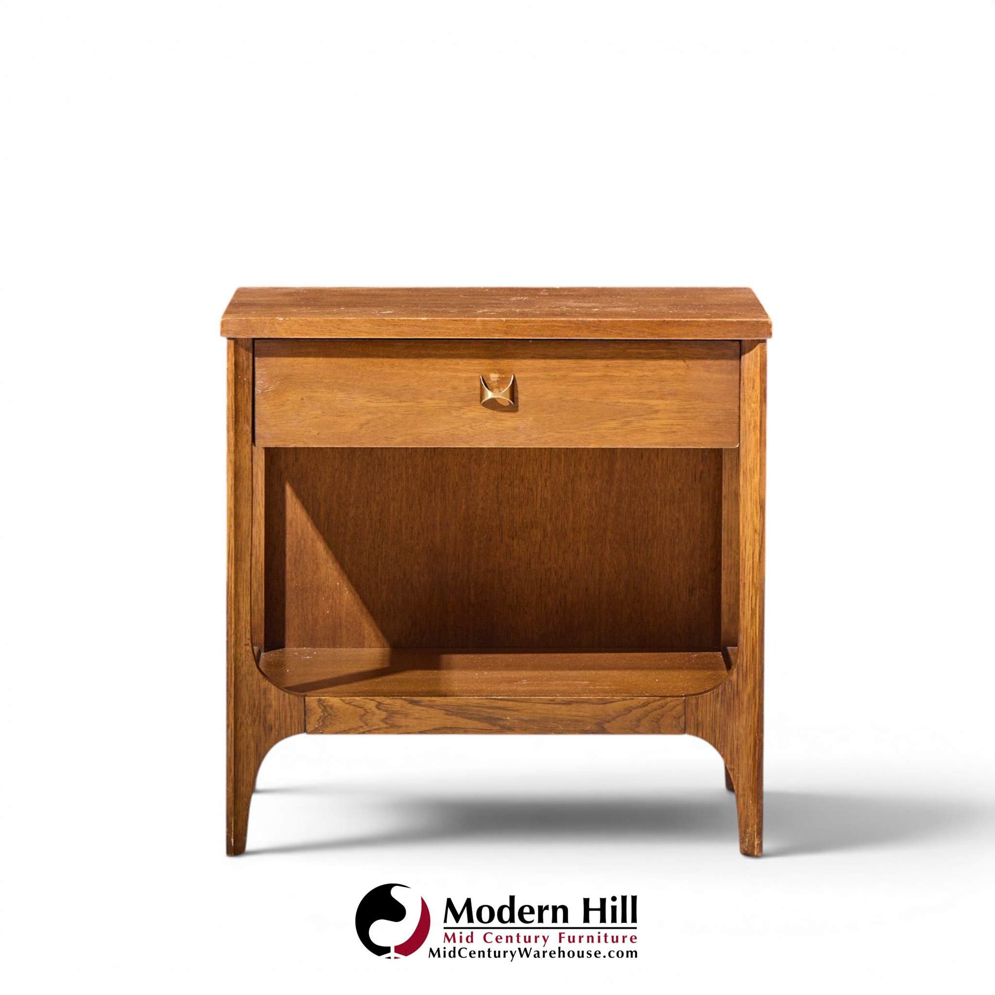 broyhill brasilia mid century walnut and brass nightstands - pair