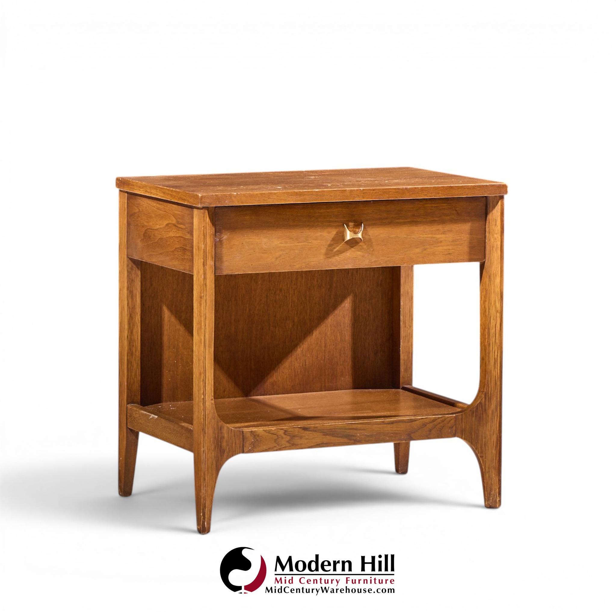 broyhill brasilia mid century walnut and brass nightstands - pair