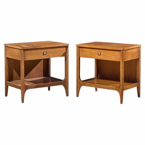 broyhill brasilia mid century walnut and brass nightstands - pair