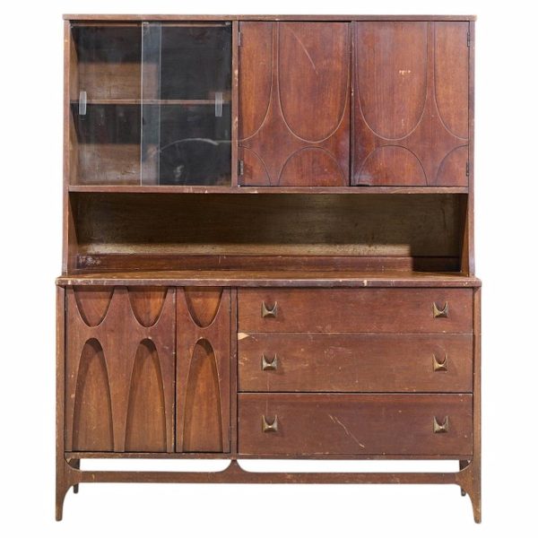 broyhill brasilia mid century walnut and brass offset credenza and hutch