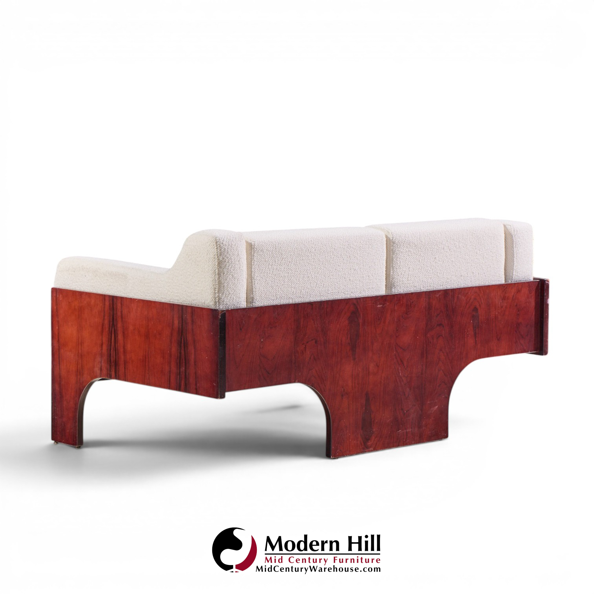 claudio salocchi for sormani mid century rosewood and bouclé settee sofa