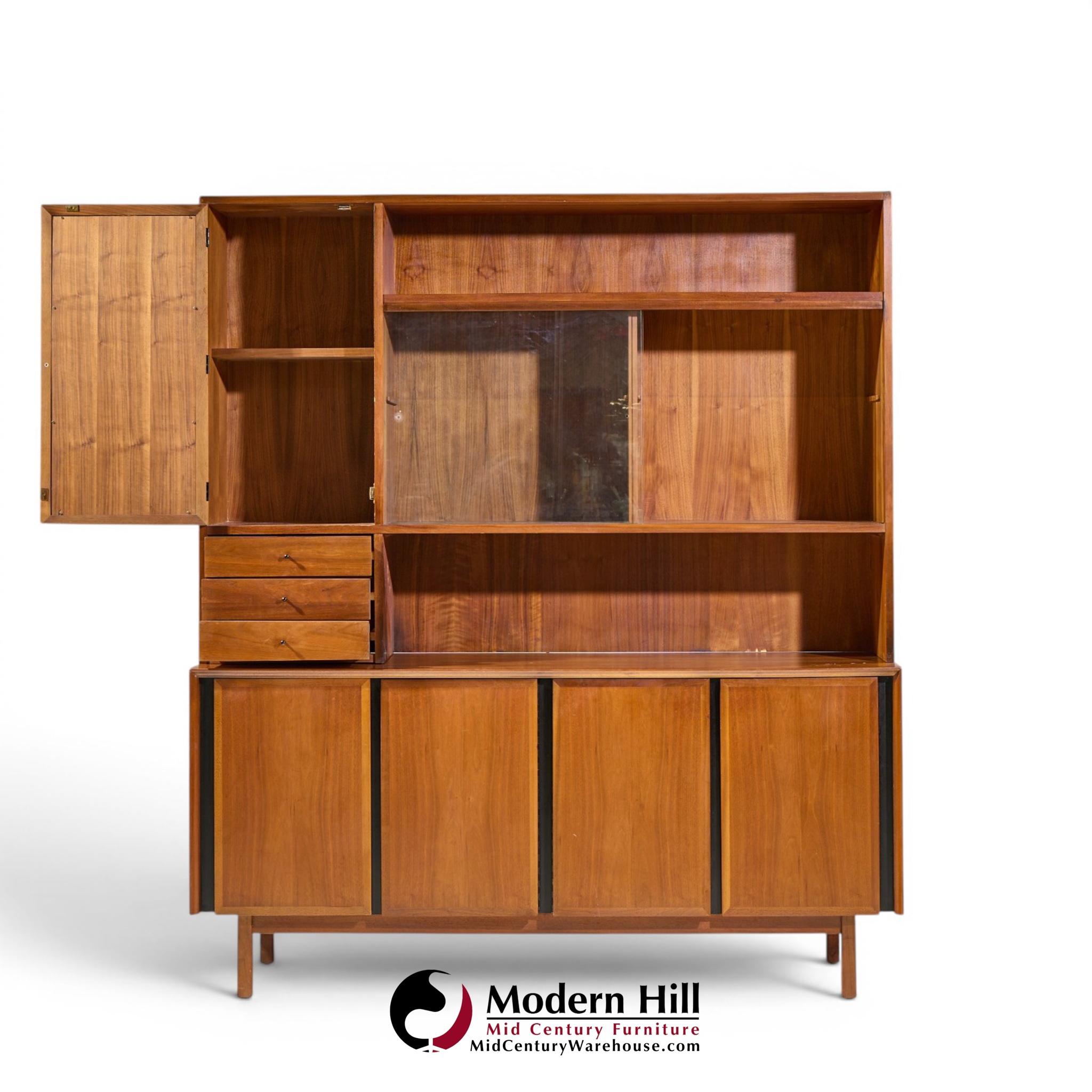 dillingham mid century walnut and cane sideboard credenza and hutch
