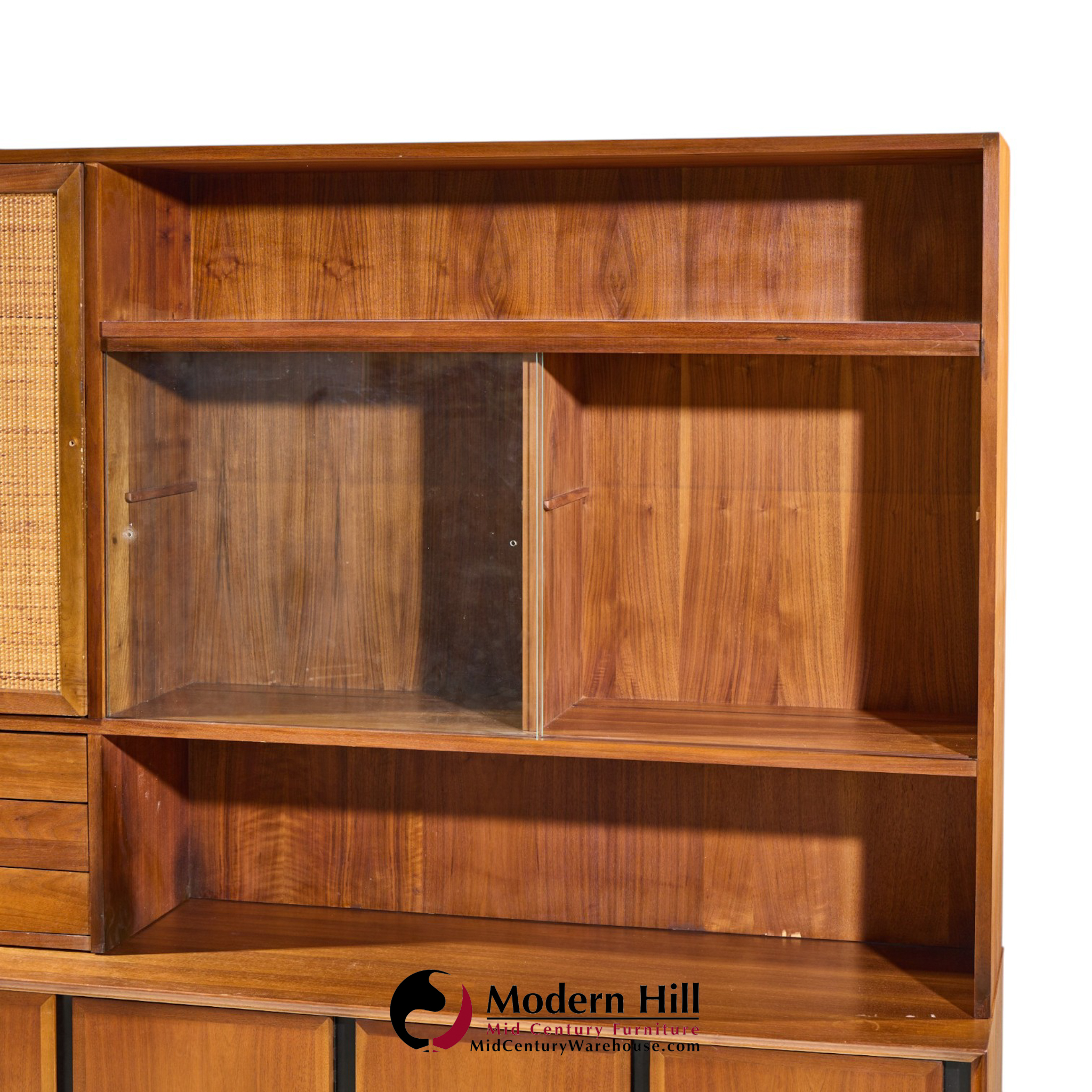 dillingham mid century walnut and cane sideboard credenza and hutch