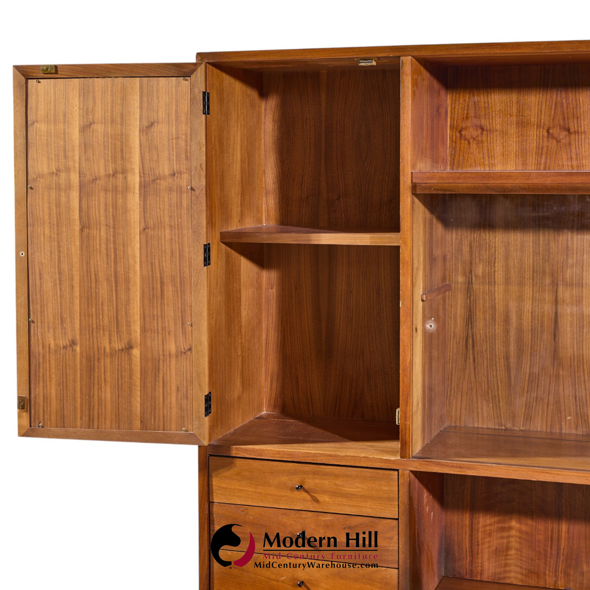 dillingham mid century walnut and cane sideboard credenza and hutch