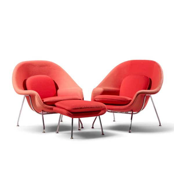eero saarinen for knoll mid century medium womb chairs - pair with ottoman