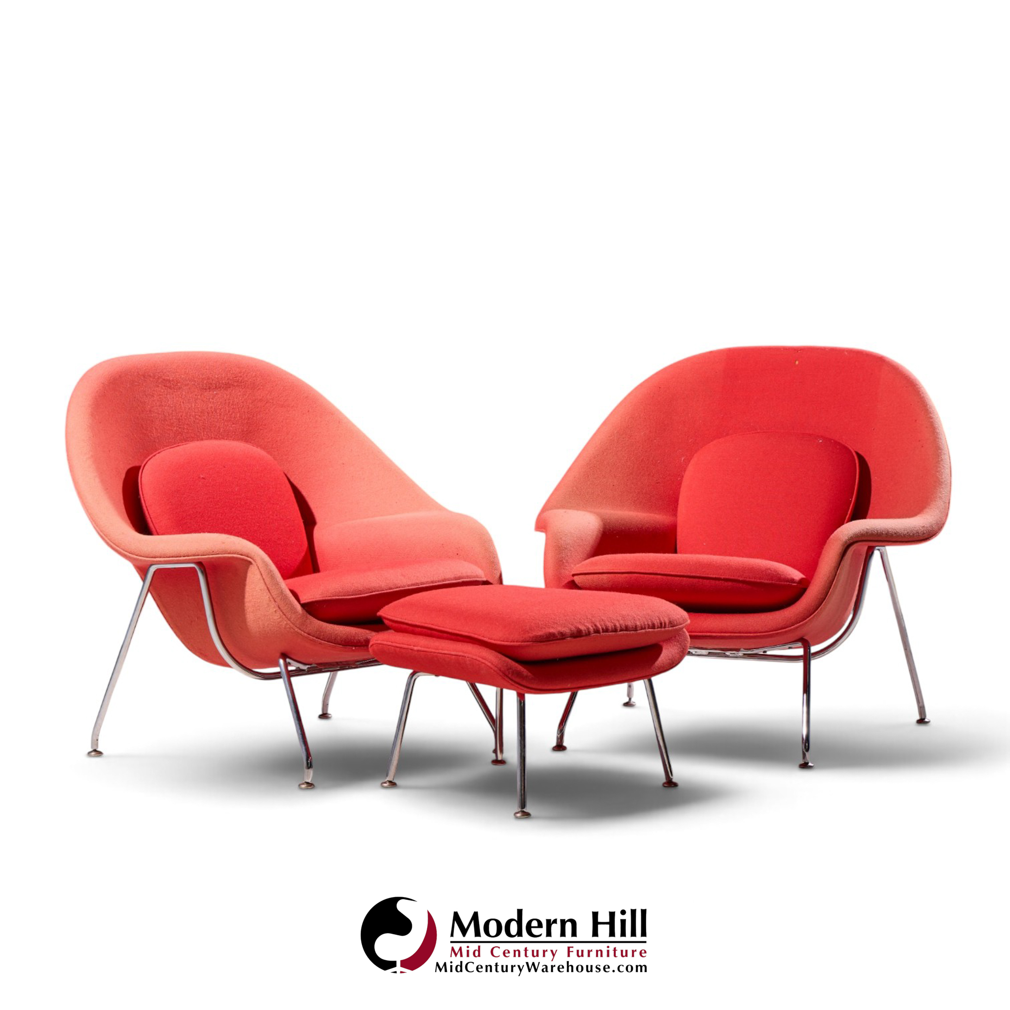 eero saarinen for knoll mid century medium womb chairs - pair with ottoman