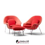 eero saarinen for knoll mid century medium womb chairs - pair with ottoman